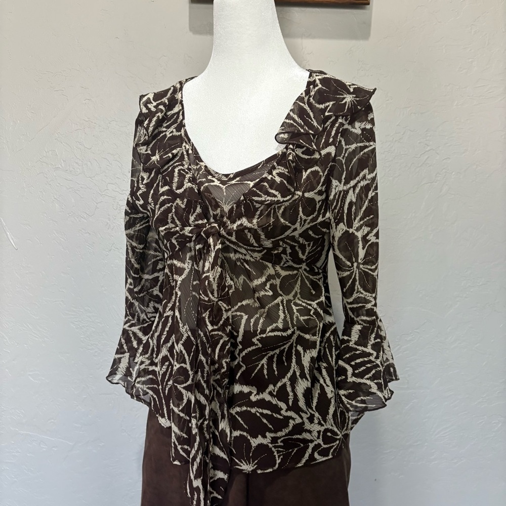 NWT 90s Sheer Floral Ruffle Tie Blouse Brown Beige | Versailles PM